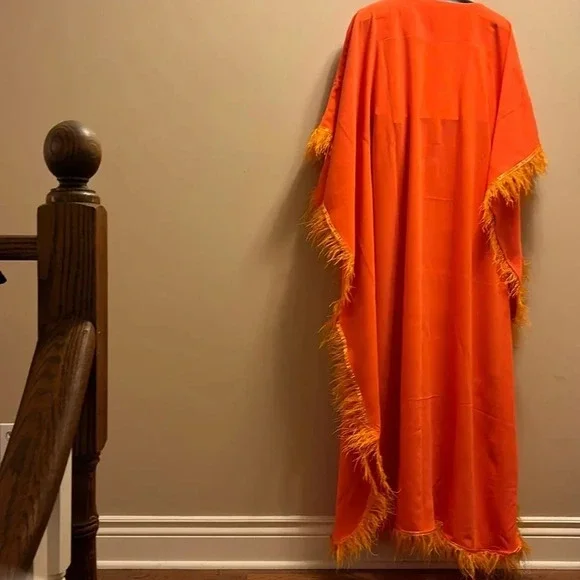 Vintage 1970’s Couture style Fashion Satin Osteich  Feather Trim Kaftan - Picture 14 of 15